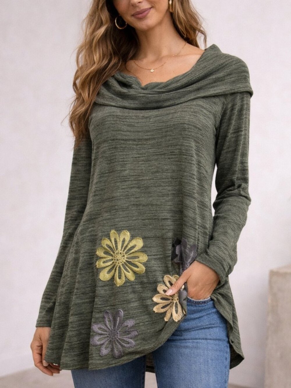 Ivy Jane Tunic Top Womens L Green Floral Embroidered Cowl Neck Boho Lagenlook